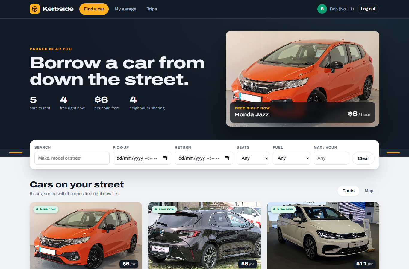 Kerbside browse page with car cards, prices and availability badges